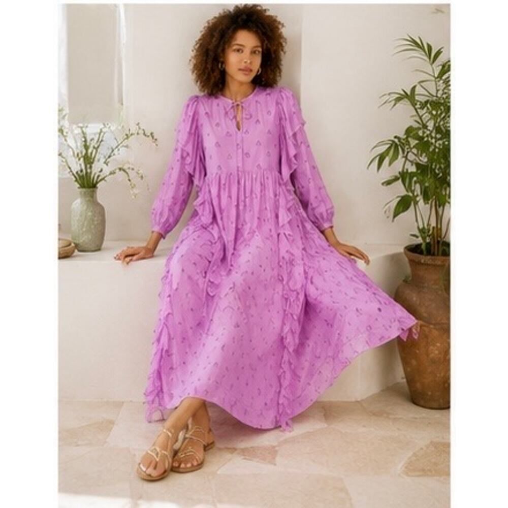 Alix of Bohemia Lina Heart Print Silk Ruffle Maxi Dress Fuchsia Pink Small NWT